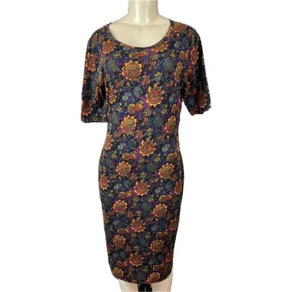LulaRoe M Winter Color Floral Print Crew Neckline Half Sleeve Below Knee Dress - Picture 2 of 6